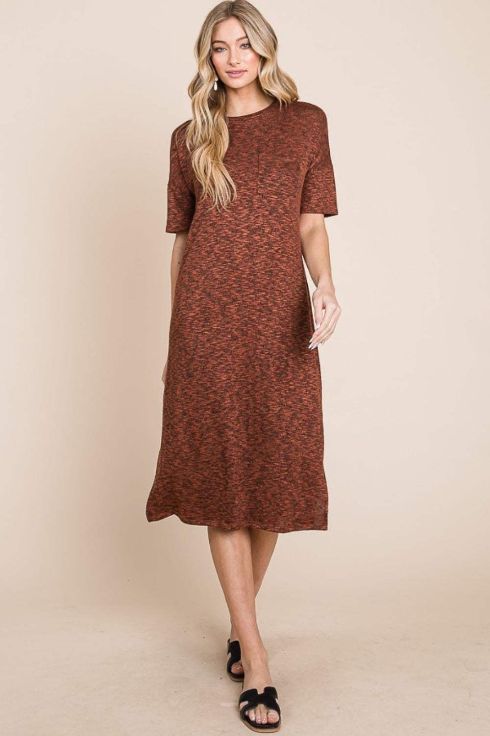 BOMBOM Round Neck Side Slit Midi Dress - Trendsi - Flyclothing LLC