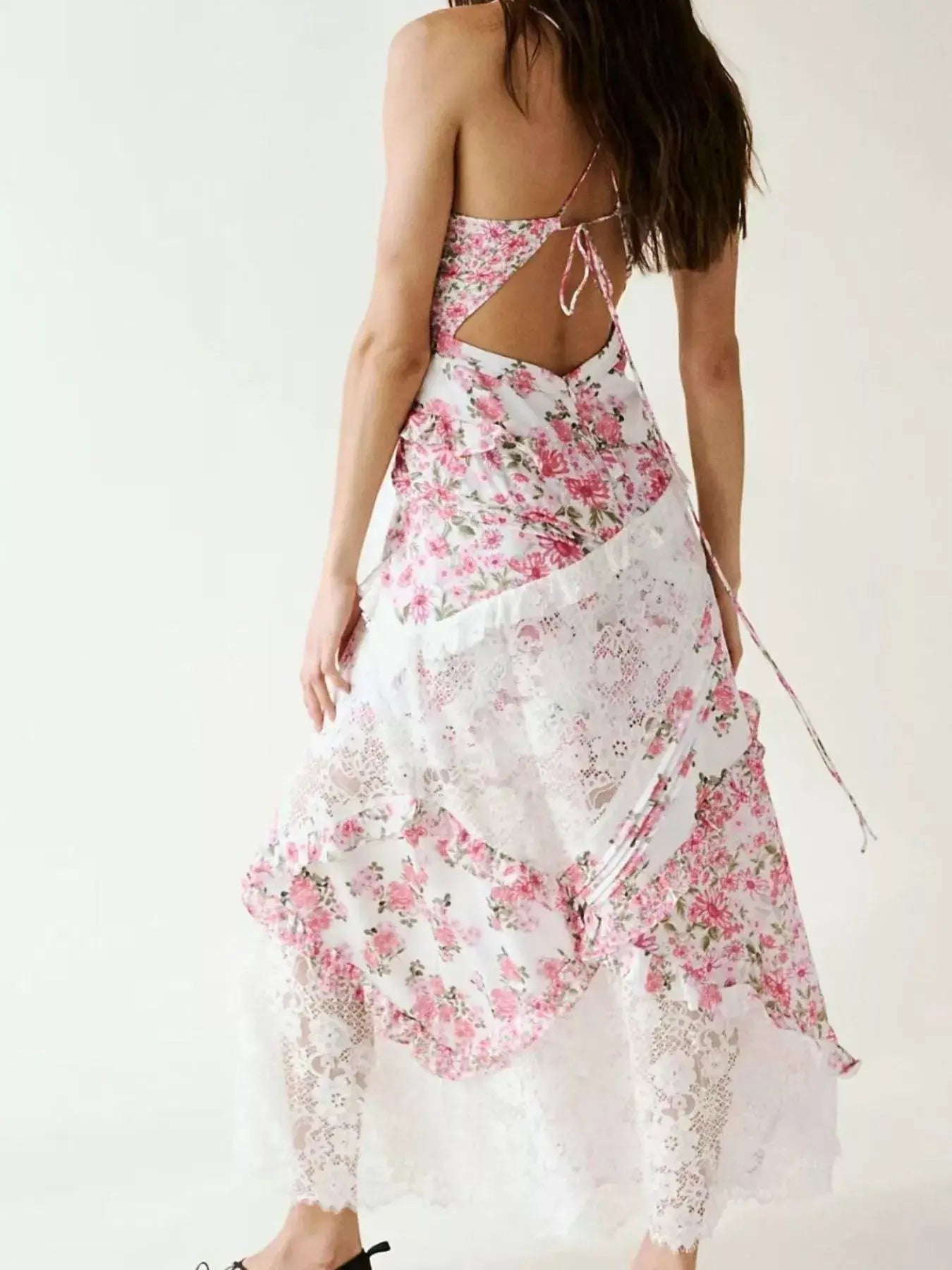 Lace Detail Ruffled Floral V-Neck Maxi Dress - Trendsi - Flyclothing LLC