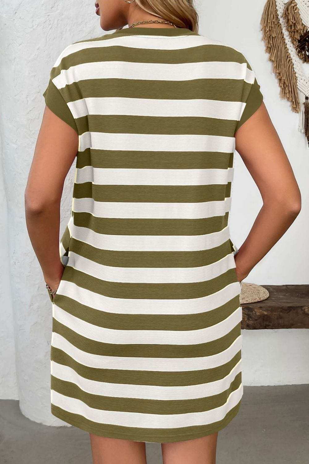 Contrast Striped Round Neck Short Sleeve Mini Dress - Trendsi - Flyclothing LLC