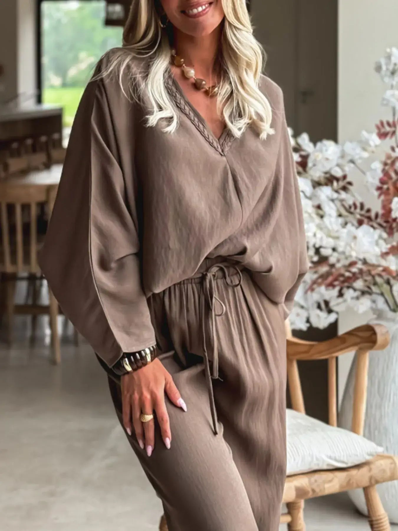 Braided V Neck Long Sleeve Loose Top and Drawstring High Waist Pants 2pcs Outfit - Trendsi - Flyclothing LLC