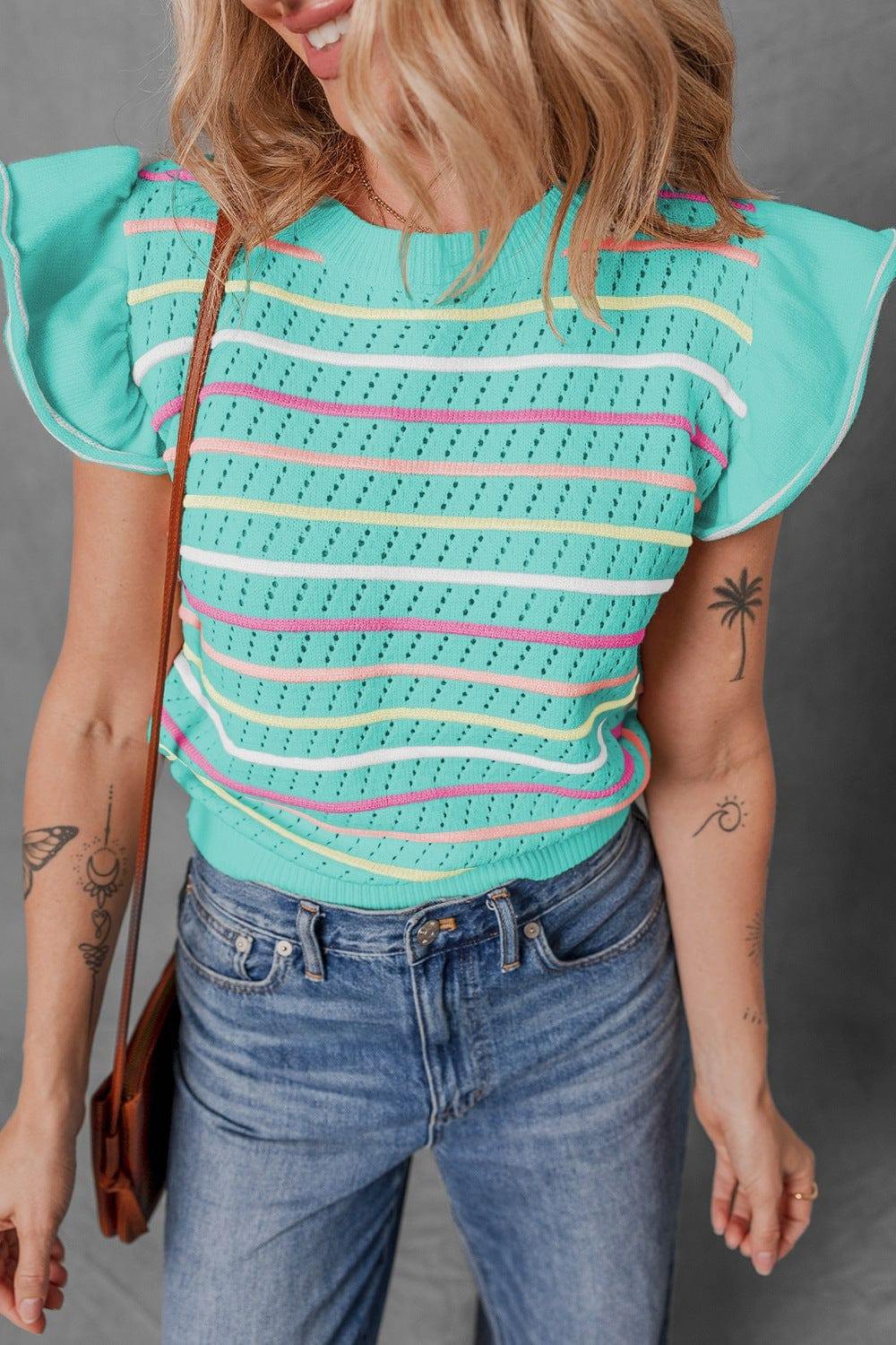 Ruffled Eyelet Striped Round Neck Cap Sleeve Knit Top - Trendsi