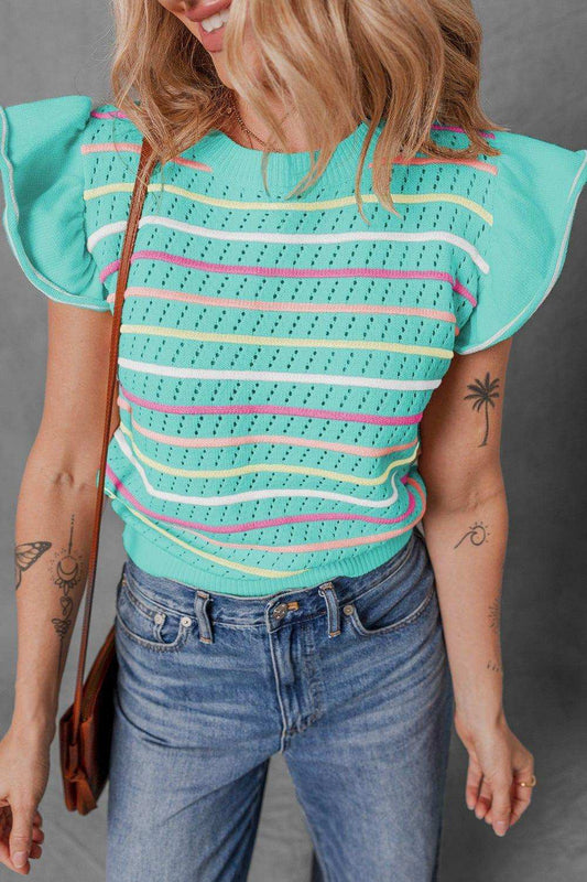 Ruffled Eyelet Striped Round Neck Cap Sleeve Knit Top - Trendsi - Flyclothing LLC