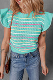 Ruffled Eyelet Striped Round Neck Cap Sleeve Knit Top - Trendsi
