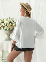 Plus Size Lace Detail V-Neck Three-Quarter Sleeve Blouse - Trendsi