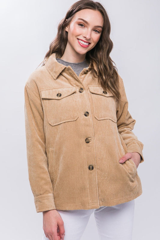 Love Tree Corduroy Button Up Jacket with Sherpa Inside - Trendsi
