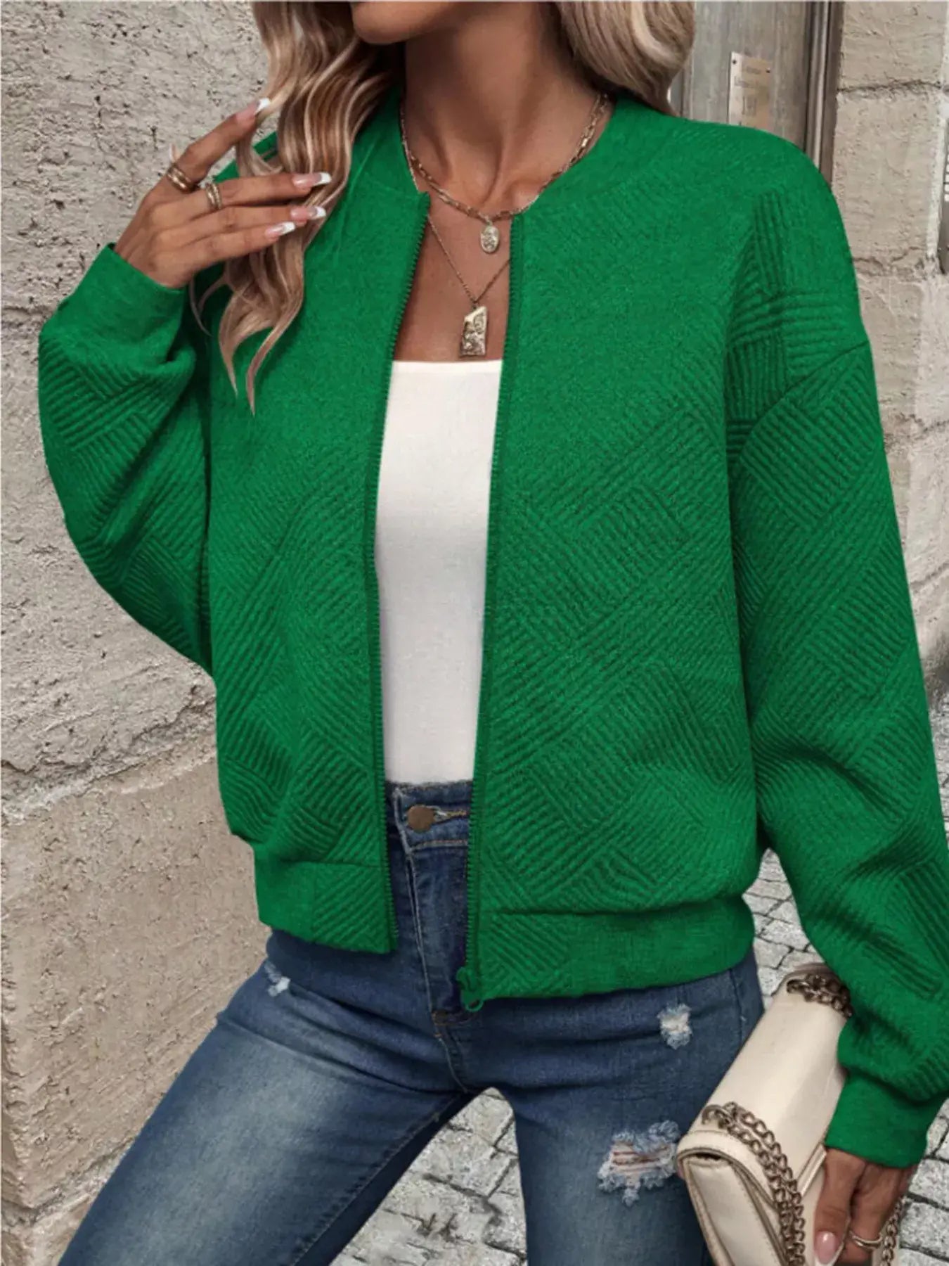 Texture Zip-Up Bomber Jacket - Trendsi - Flyclothing LLC