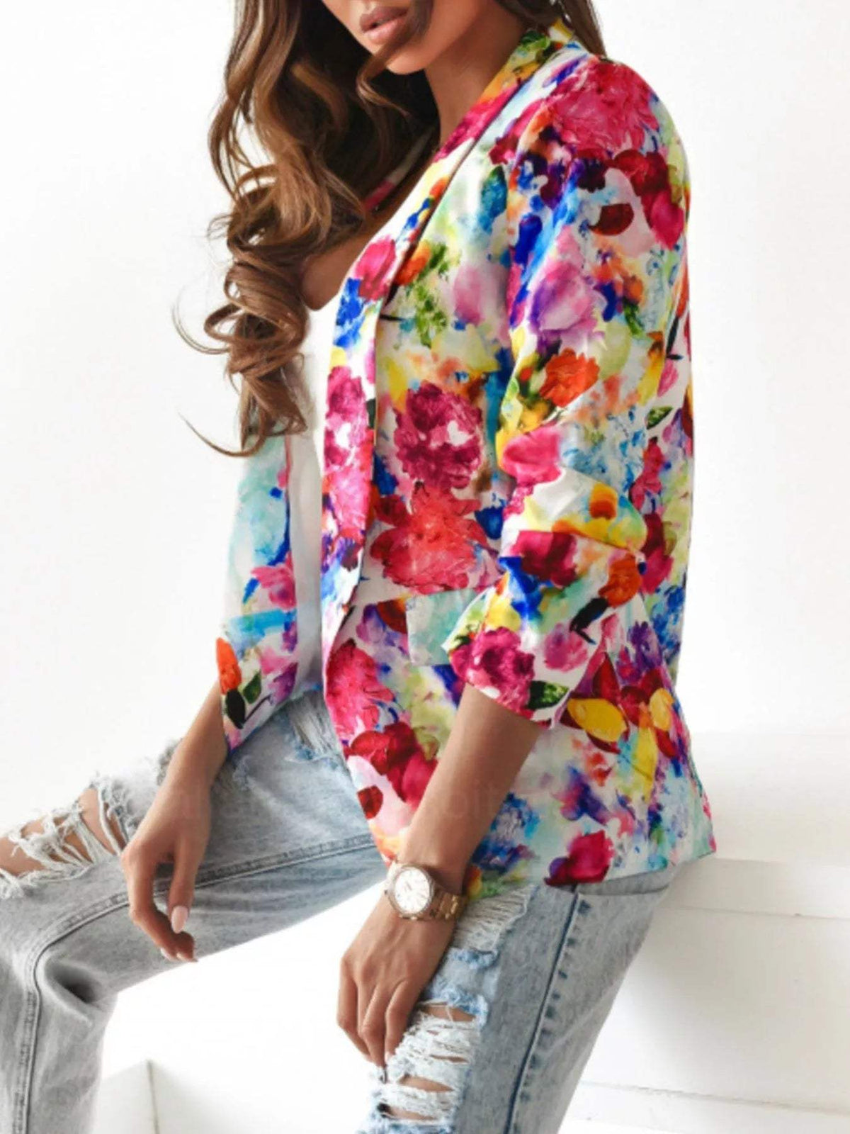 Vibrant Floral Print Open Front Blazer - Trendsi - Flyclothing LLC