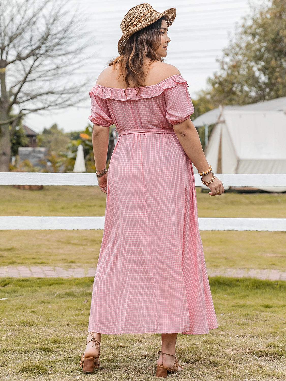 Plus Size Plaid Off-Shoulder Short Sleeve Midi Dress - Trendsi - Flyclothing LLC