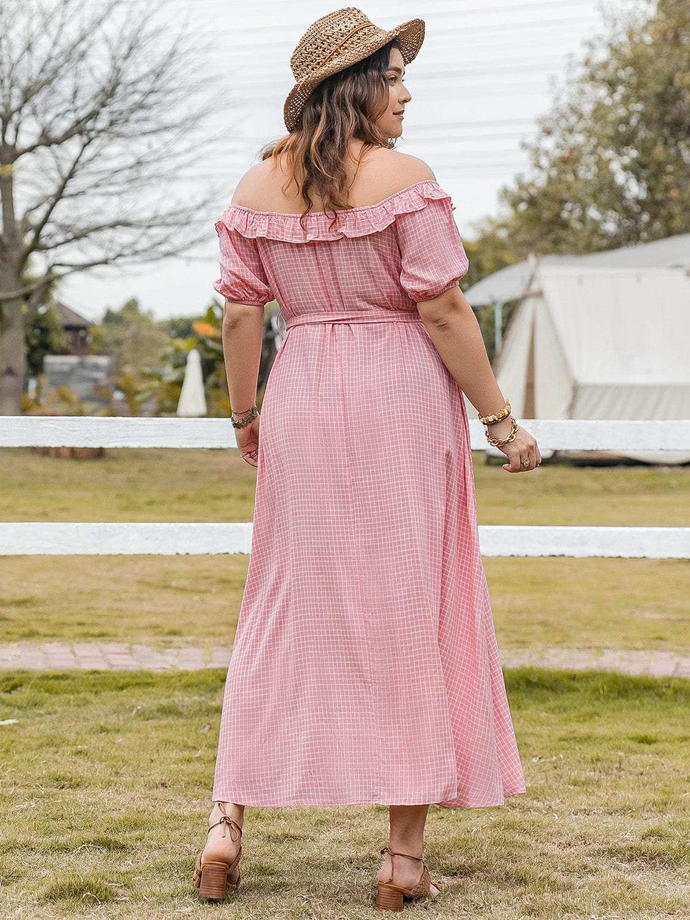 Plus Size Plaid Off-Shoulder Short Sleeve Midi Dress - Trendsi - Flyclothing LLC