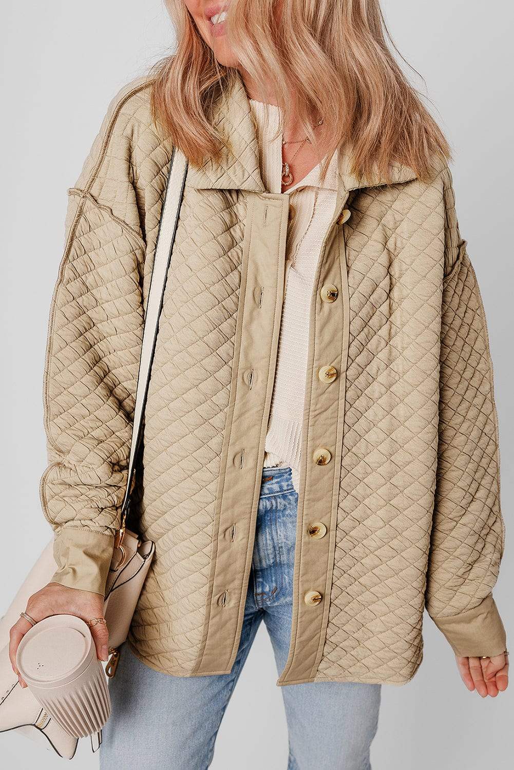 Exposed Seam Collared Neck Button Up Shacket - Trendsi - Flyclothing LLC