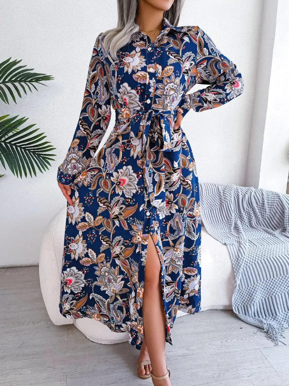 Tied Printed Long Sleeve Midi Dress - Trendsi