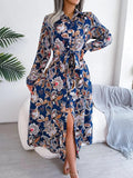 Tied Printed Long Sleeve Midi Dress - Trendsi