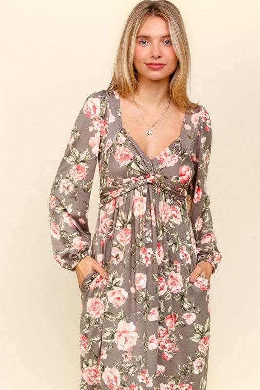 Haptics Twisted Detail Ruffled Hem Floral Dress with Side Pockets - Trendsi - Flyclothing LLC