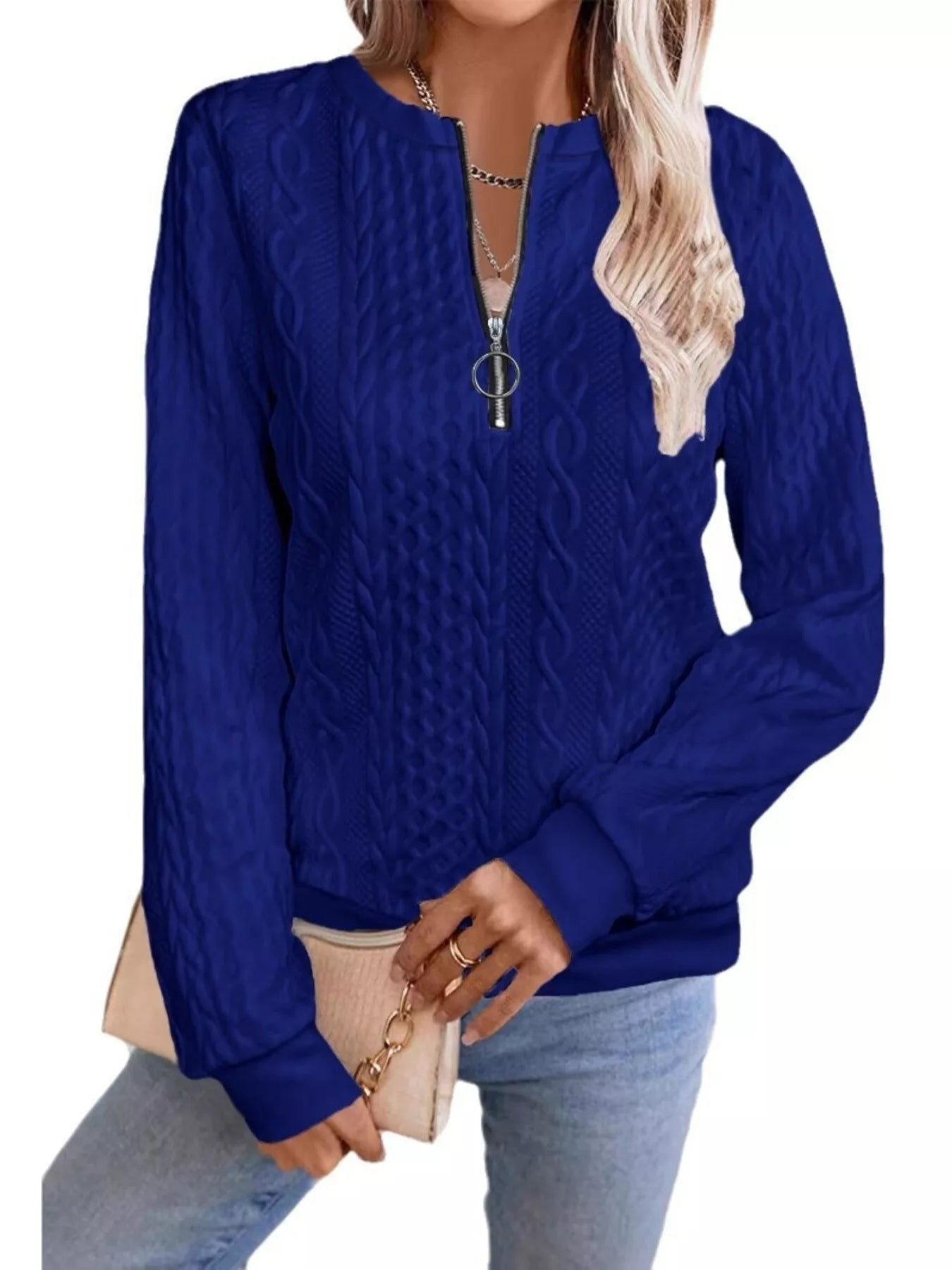 Chic Cable Texture Quarter-Zip Sweatshirt - Trendsi - Flyclothing LLC