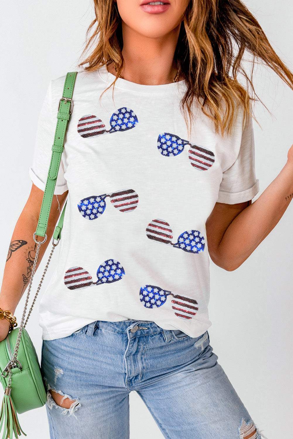 Sequin Round Neck Short Sleeve T-Shirt - Trendsi - Flyclothing LLC