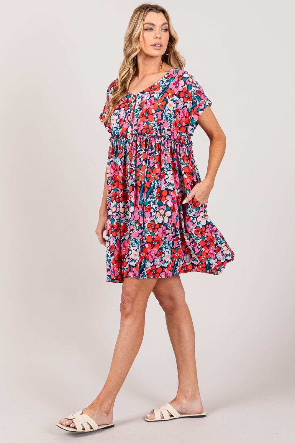 SAGE + FIG Floral Button Down Short Sleeve Mini Dress - Trendsi - Flyclothing LLC