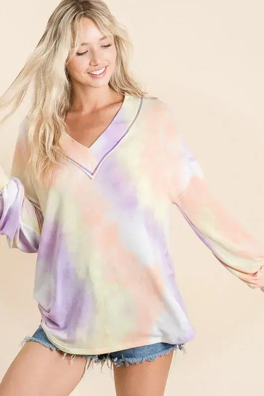 BiBi Tie Dye French Terry V-Neck Top with Puff Sleeves - Trendsi - Flyclothing LLC