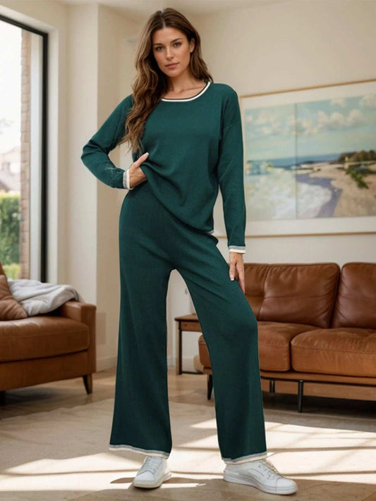 Contrast Trim Round Neck Top and Pants Sweater Set - Trendsi - Flyclothing LLC