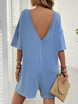 Backless Textured Round Neck Half Sleeve Romper - Trendsi - Flyclothing LLC