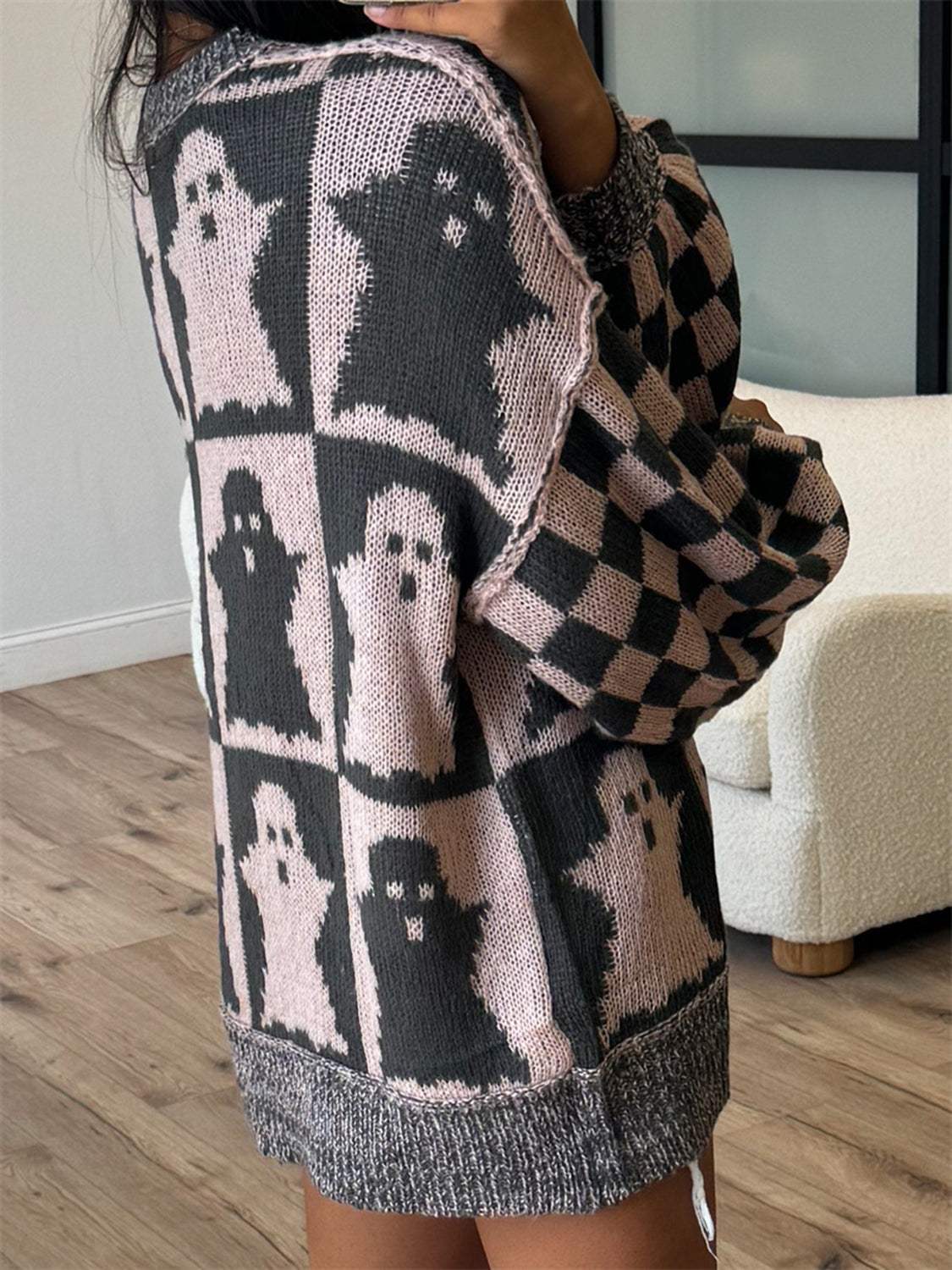 Ghost Dropped Shoulder Long Sleeve Sweater - Trendsi - Flyclothing LLC