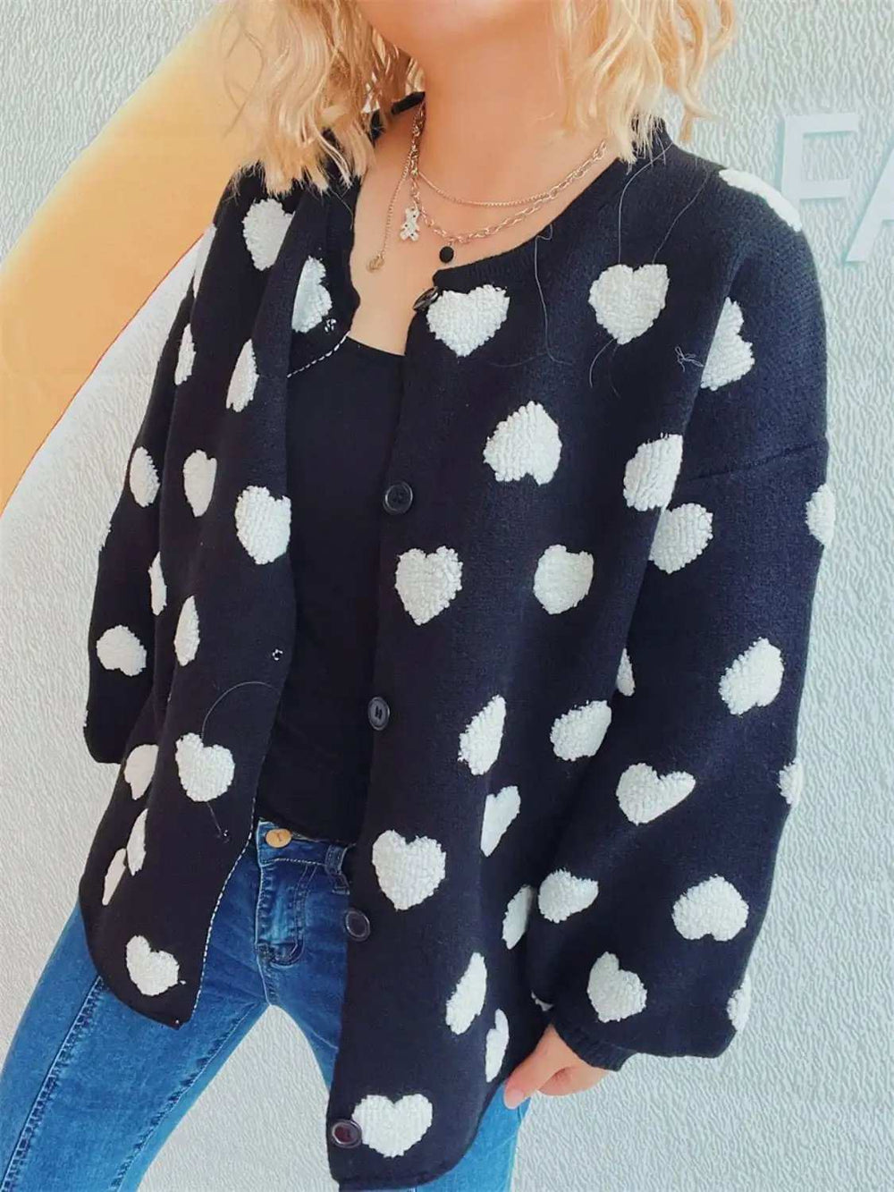 Heart Button Up Long Sleeve Cardigan - Trendsi - Flyclothing LLC