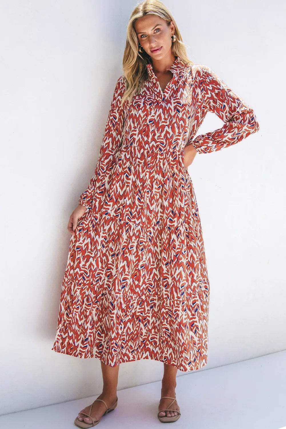 Printed Notched Long Sleeve Dress - Trendsi - Flyclothing LLC