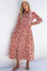 Printed Notched Long Sleeve Dress - Trendsi - Flyclothing LLC