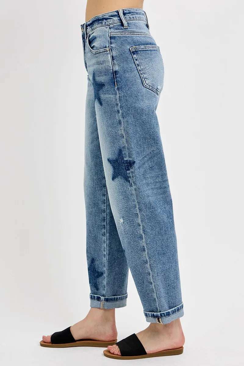 RISEN Full Size Mid Rise Boyfriend Star Shadow Detail Cuffed Jeans Plus Size - Trendsi - Flyclothing LLC
