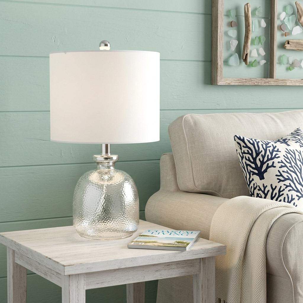 20" Light Gray Textured Glass Table Lamp With White Drum Shade - HomeRoots - Flyclothing LLC