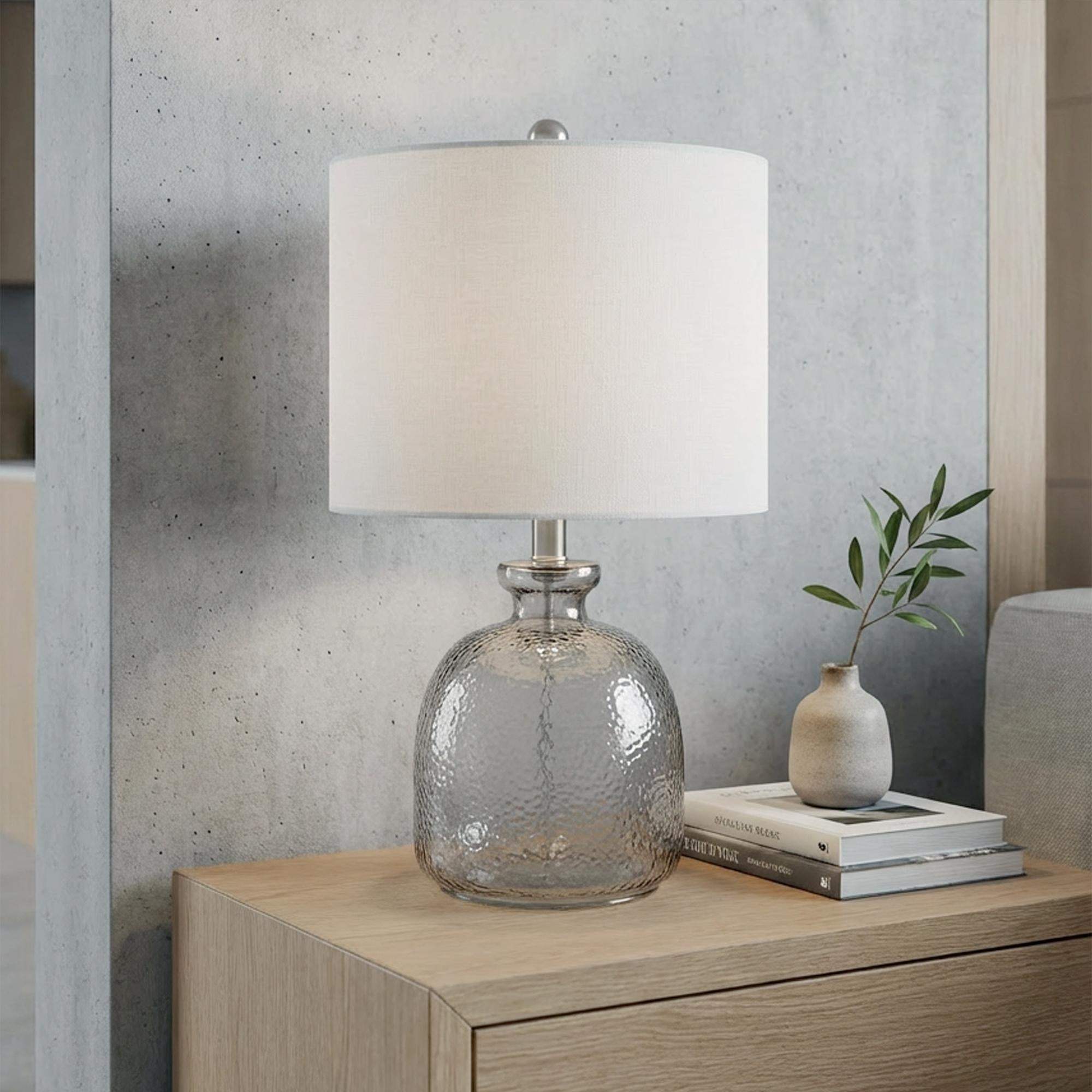 20" Light Gray Textured Glass Table Lamp With White Drum Shade - HomeRoots - Flyclothing LLC