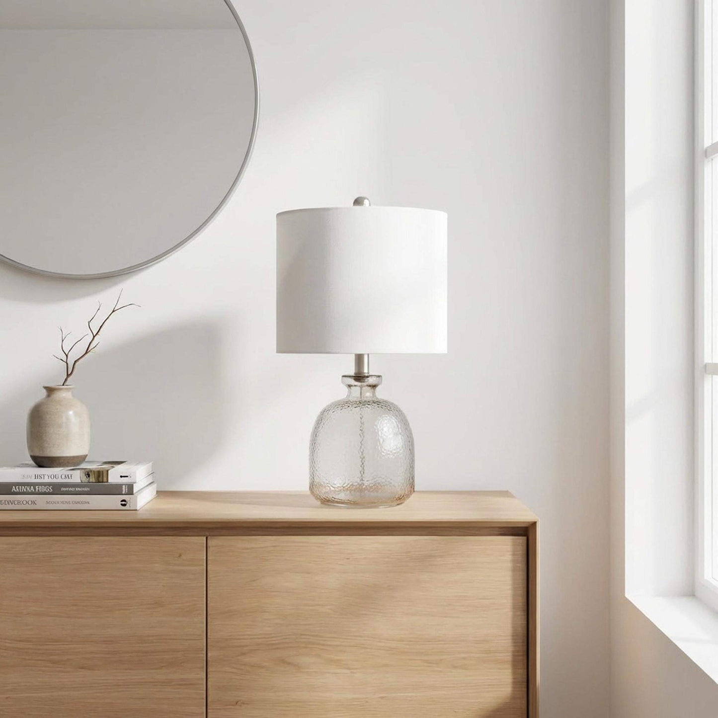 20" Light Gray Textured Glass Table Lamp With White Drum Shade - HomeRoots - Flyclothing LLC
