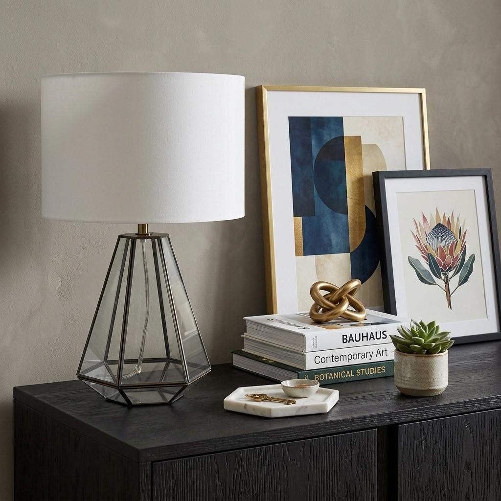 18" Clear And Brass Glass And Metal Geometric Table Lamp With Drum Shade - HomeRoots - Flyclothing LLC