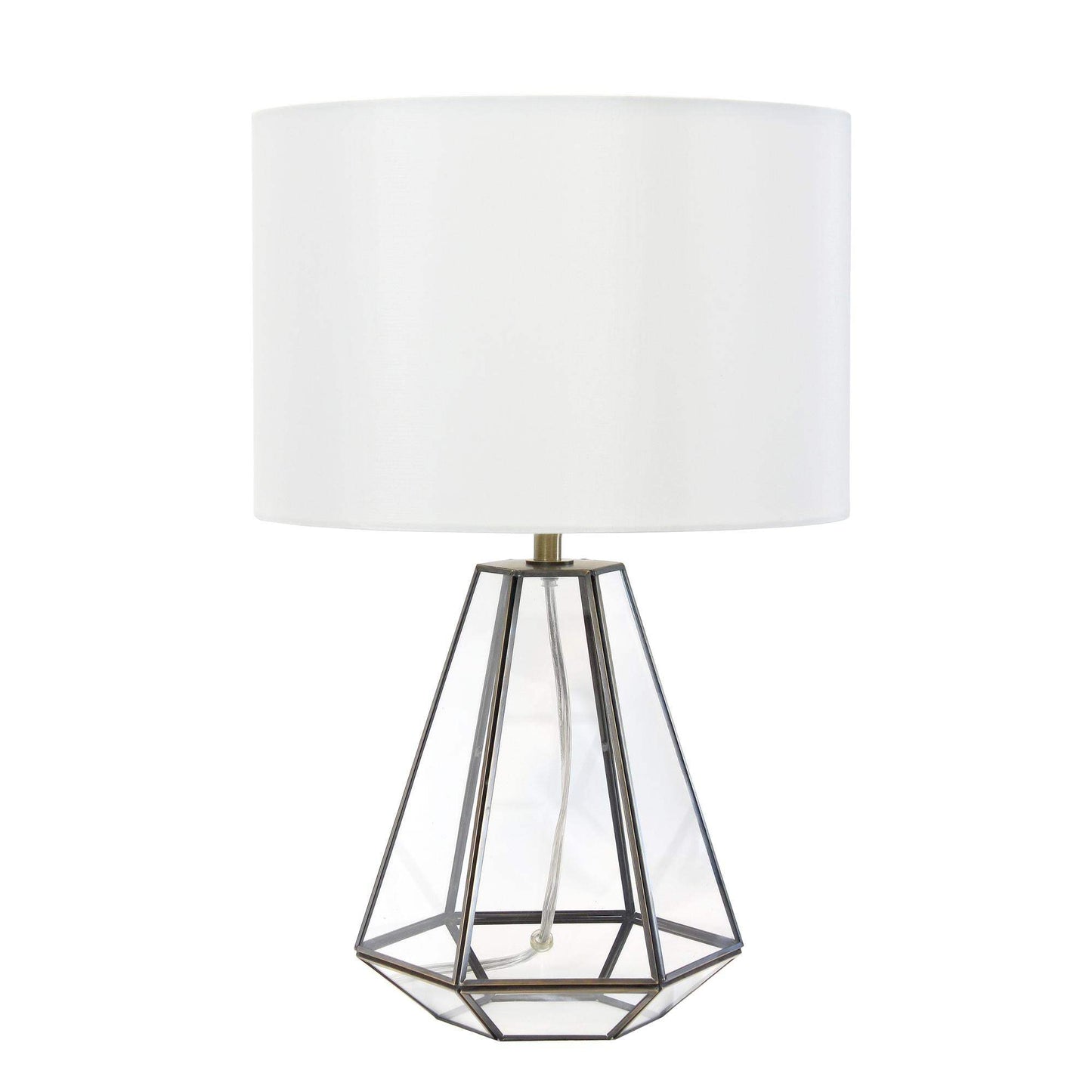 18" Clear And Brass Glass And Metal Geometric Table Lamp With Drum Shade - HomeRoots - Flyclothing LLC