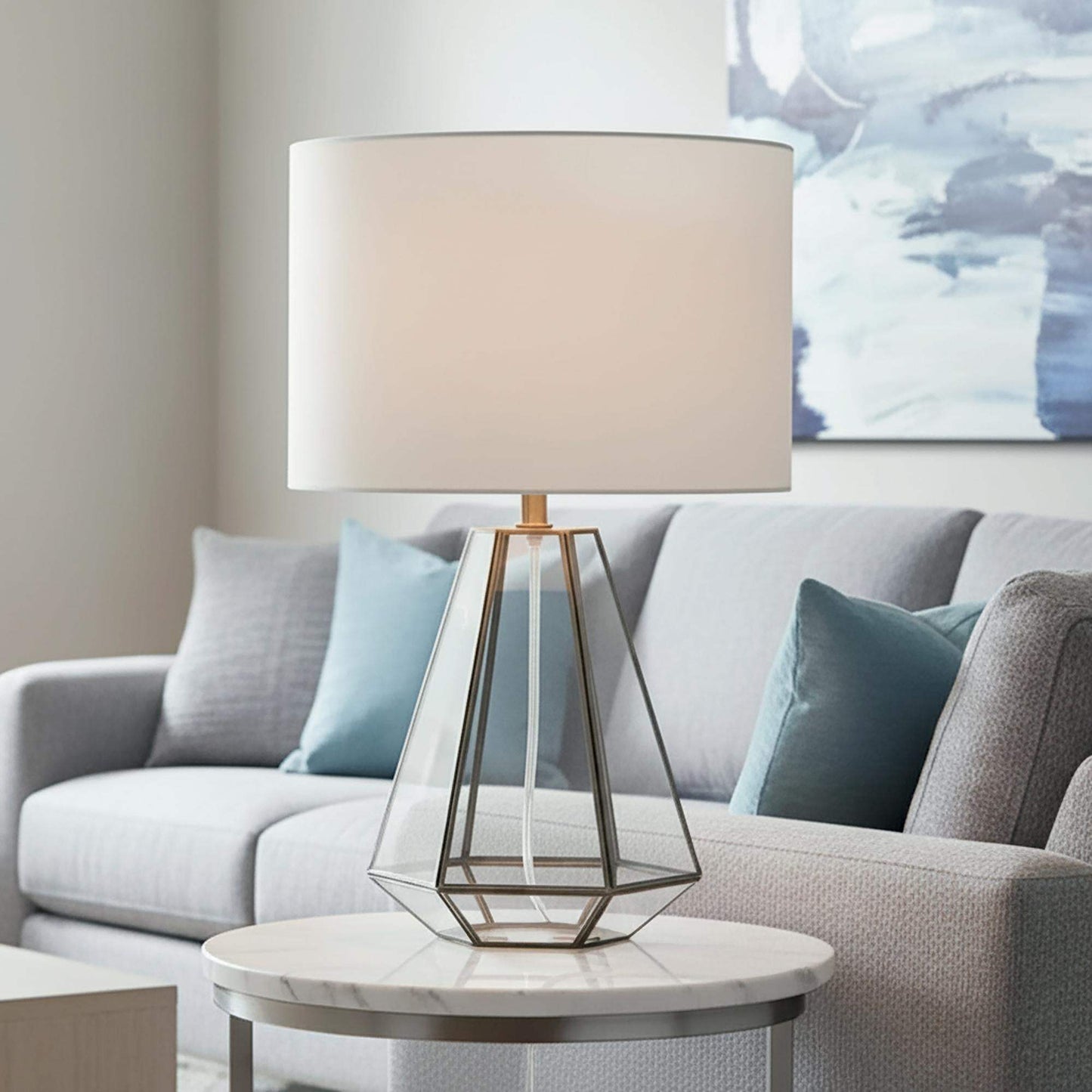 18" Clear And Brass Glass And Metal Geometric Table Lamp With Drum Shade - HomeRoots - Flyclothing LLC