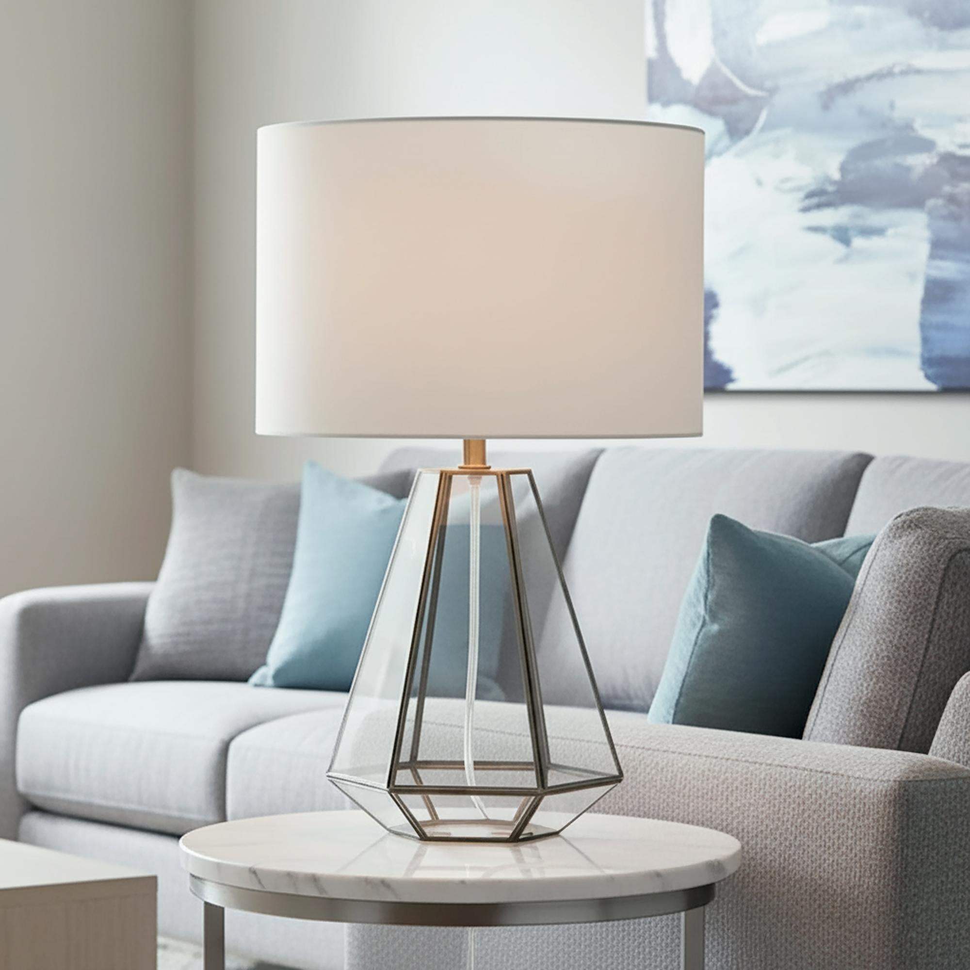 18" Clear And Brass Glass And Metal Geometric Table Lamp With Drum Shade - HomeRoots - Flyclothing LLC