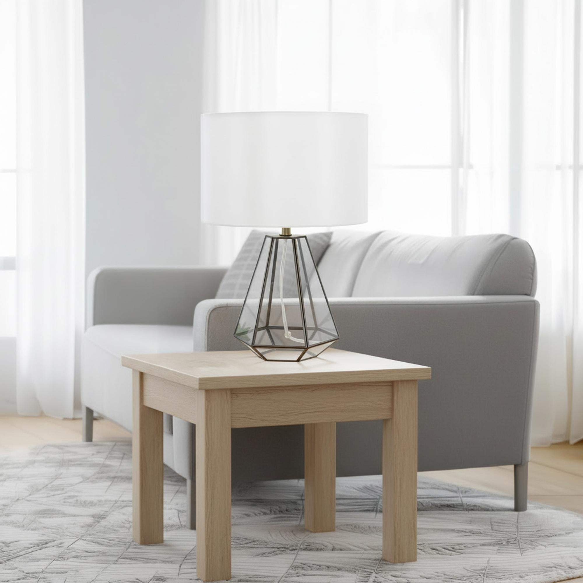 18" Clear And Brass Glass And Metal Geometric Table Lamp With Drum Shade - HomeRoots - Flyclothing LLC