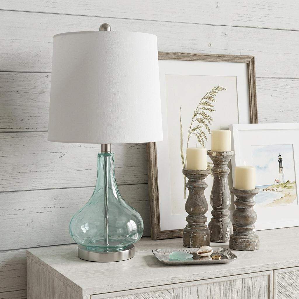 23" Teal Blue Translucent Glass Gourd Table Lamp With Drum Shade - HomeRoots - Flyclothing LLC