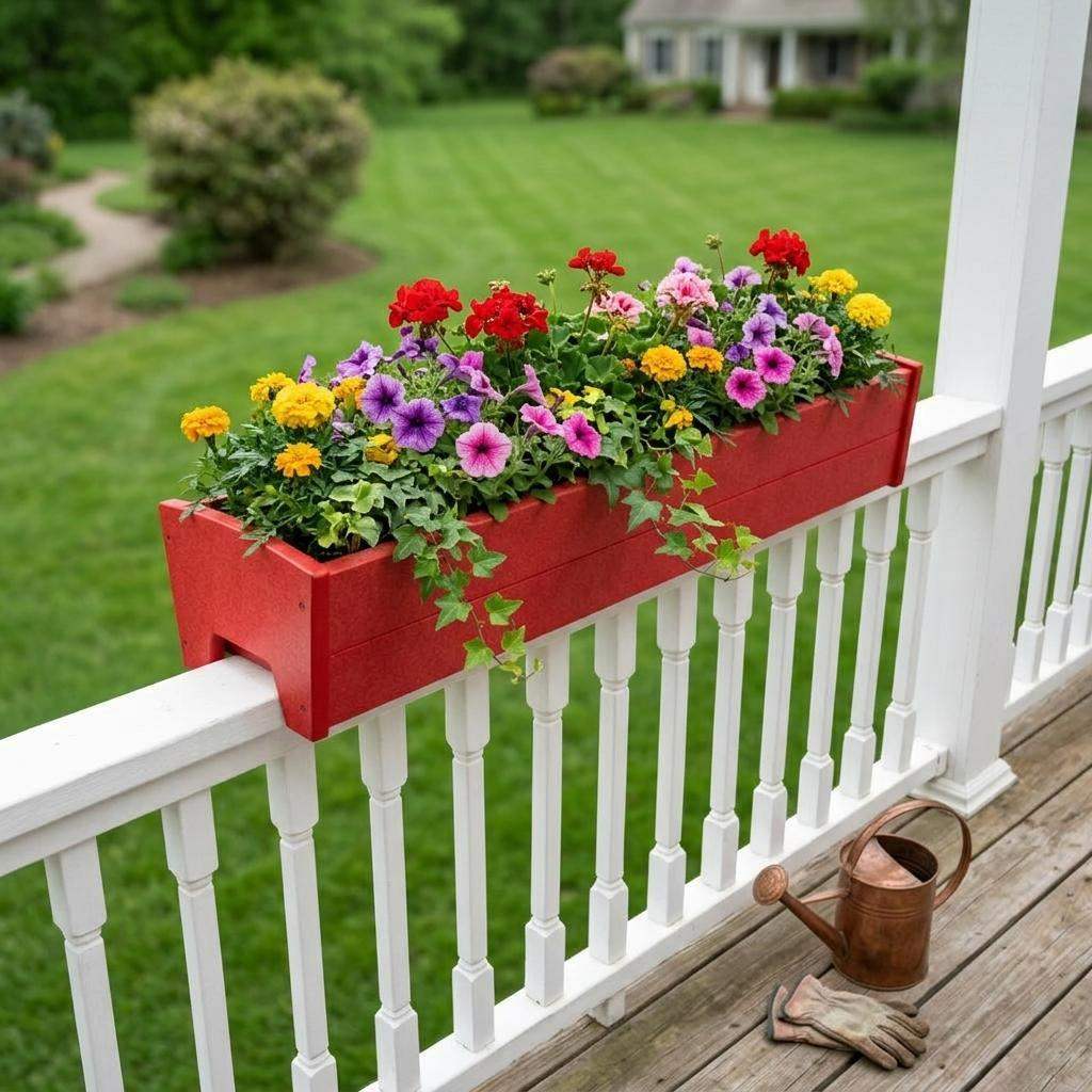 8" X 36" Red Heavy Duty Plastic Rectangular Railing Planter - HomeRoots - Flyclothing LLC