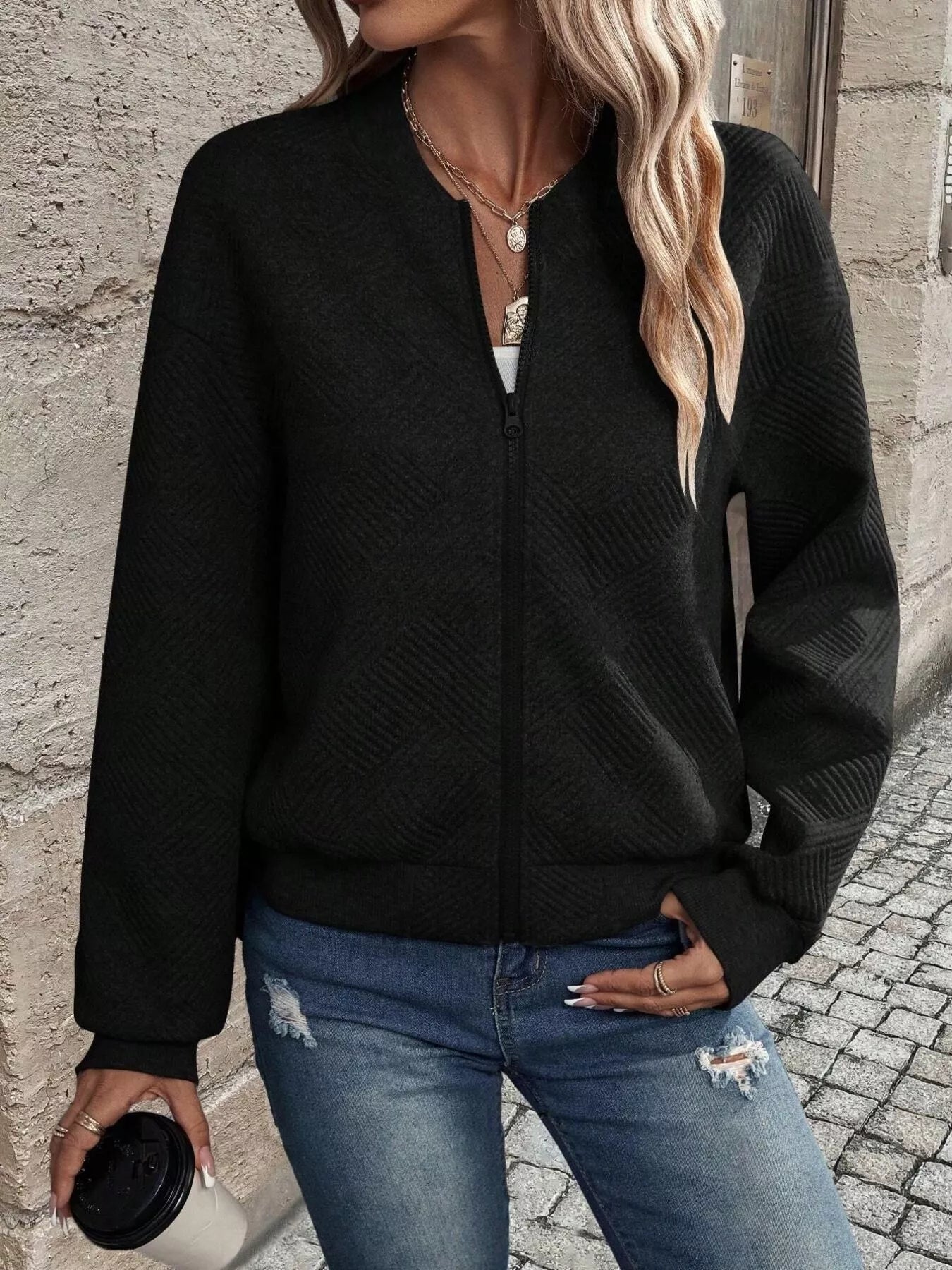 Texture Zip-Up Bomber Jacket - Trendsi - Flyclothing LLC