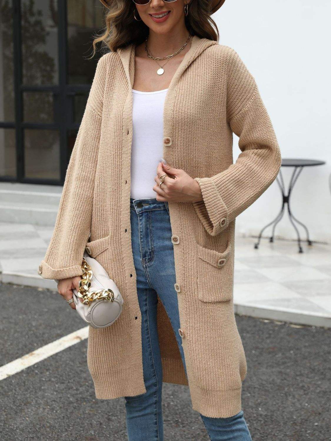 Pocketed Button Up Long Sleeve Hooded Cardigan - Trendsi - Flyclothing LLC