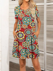 Pocketed Printed Round Neck Short Sleeve Mini Dress - Trendsi