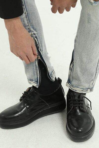Pocketed Distressed Jeans with Side Zip - Trendsi - Flyclothing LLC