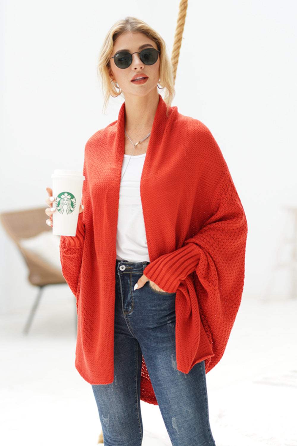 Open Front Batwing Sleeve Cardigan - Trendsi - Flyclothing LLC