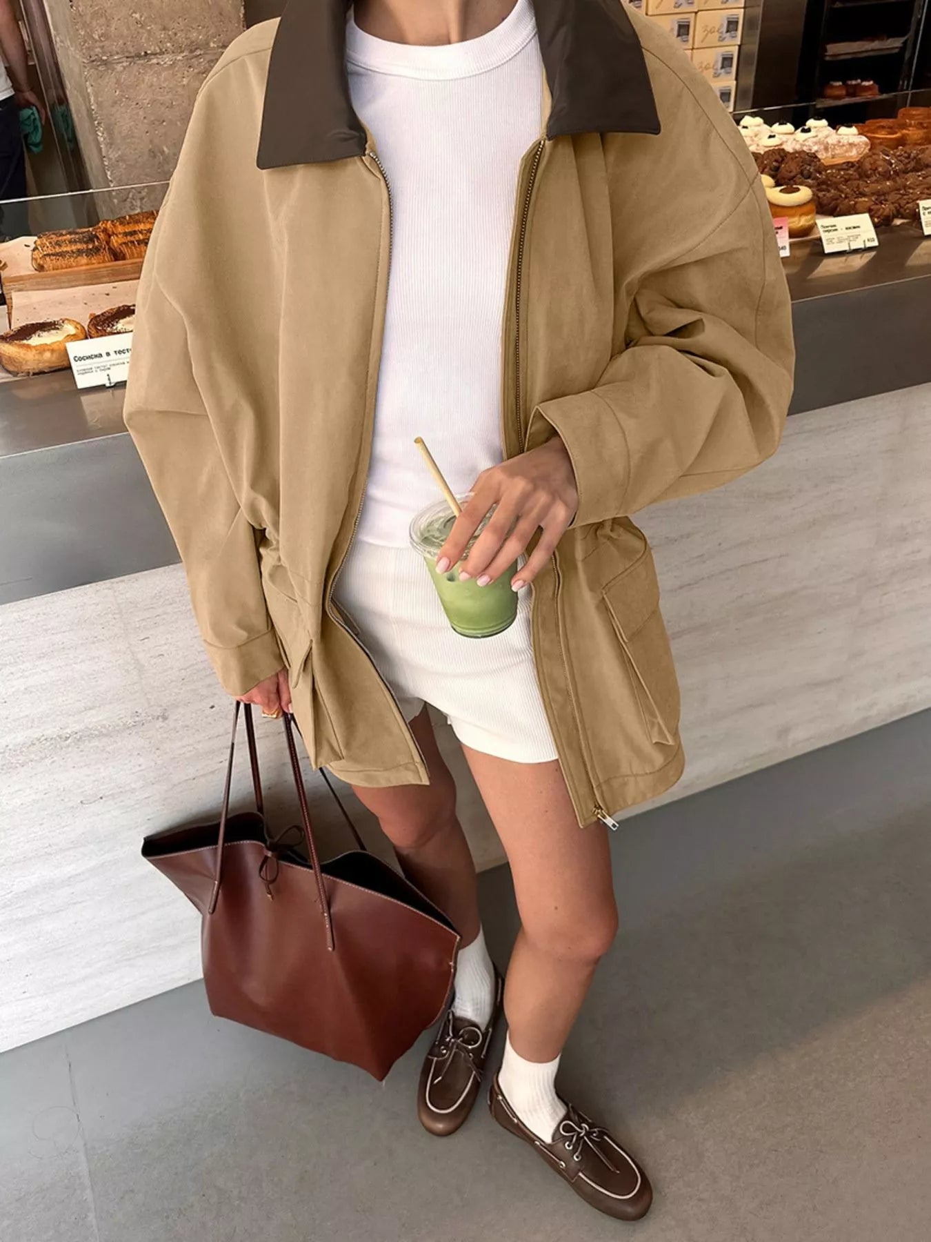 Oversized Contrast Collar Jacket with Drawstring Waist - Trendsi - Flyclothing LLC