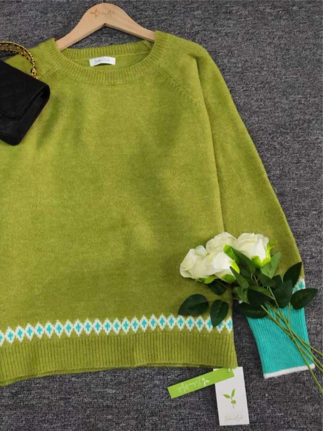 Contrast Round Neck Long Sleeve Sweater - Trendsi - Flyclothing LLC