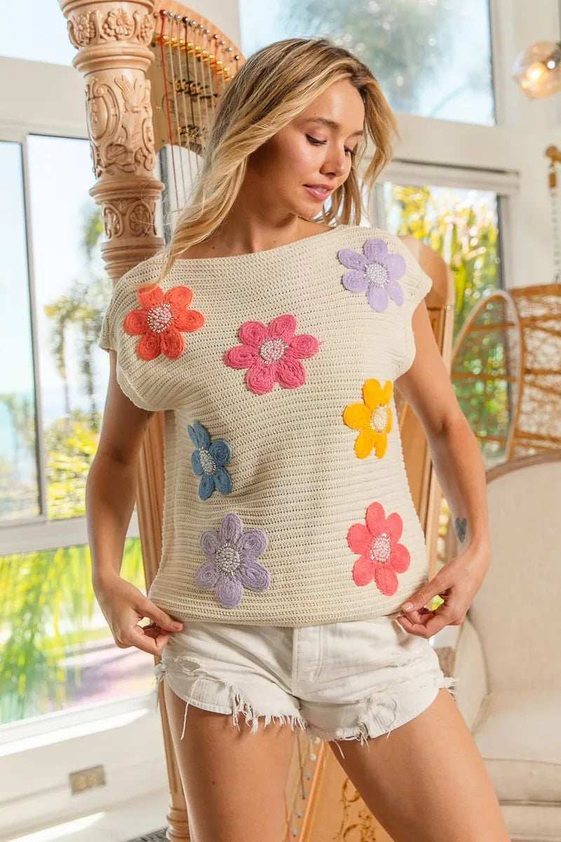 BiBi Multi Jeweled Crochet Flower Patch Sweater Vest - Trendsi - Flyclothing LLC