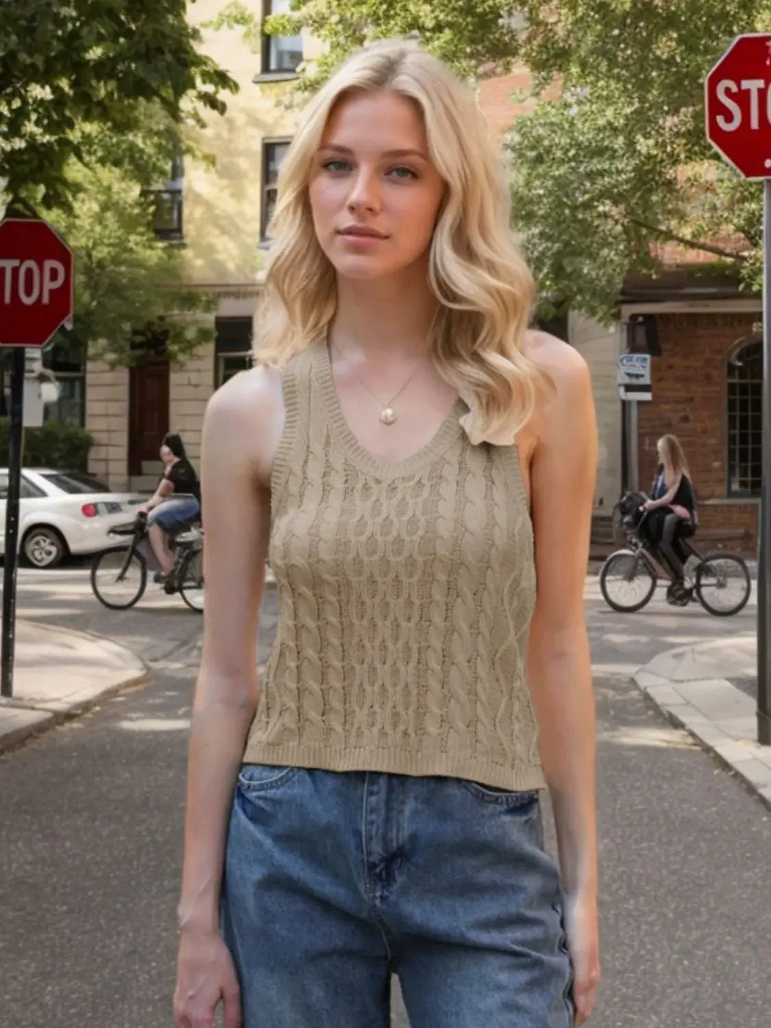 Cable-Knit V-Neck Knit Tank - Trendsi - Flyclothing LLC