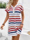 Striped V-Neck Short Sleeve Dress - Trendsi