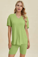 Basic Bae Full Size Ribbed V-Neck Short Sleeve Top and Shorts Set - Trendsi - Flyclothing LLC
