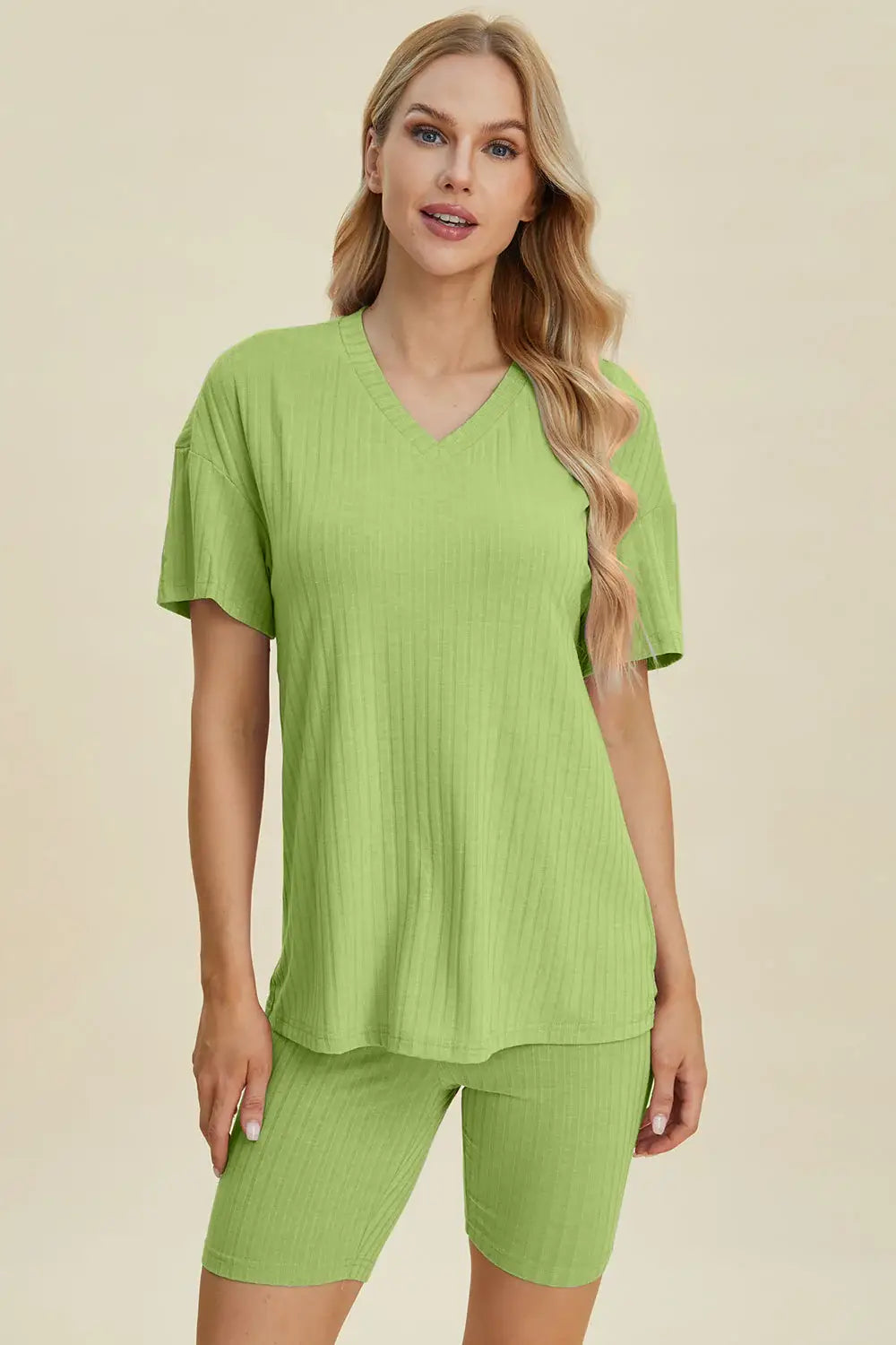 Basic Bae Full Size Ribbed V-Neck Short Sleeve Top and Shorts Set - ShopBasicbae - Flyclothing LLC